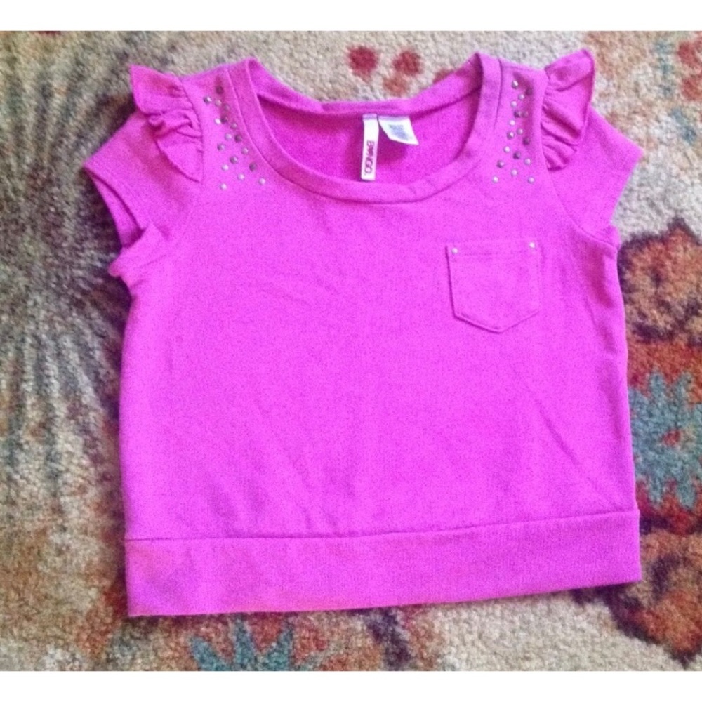 BONGO Cropped Studded Ruffle Shoulder Pink Pocket Sweater Shirt-Girls M 7/8